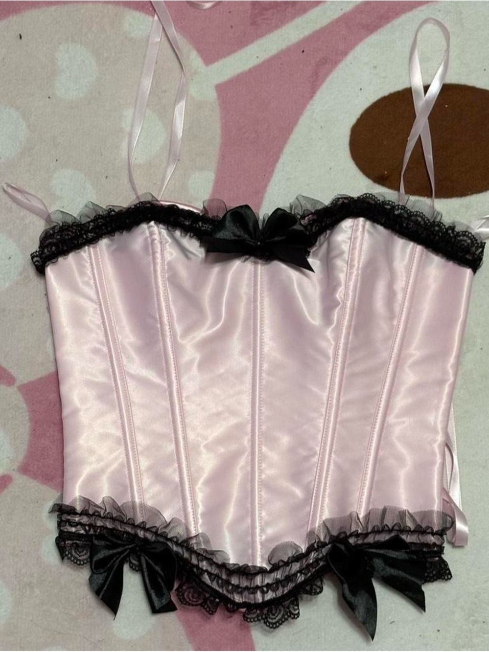 Pink Satin Corset Bustier with Black Lace Accents